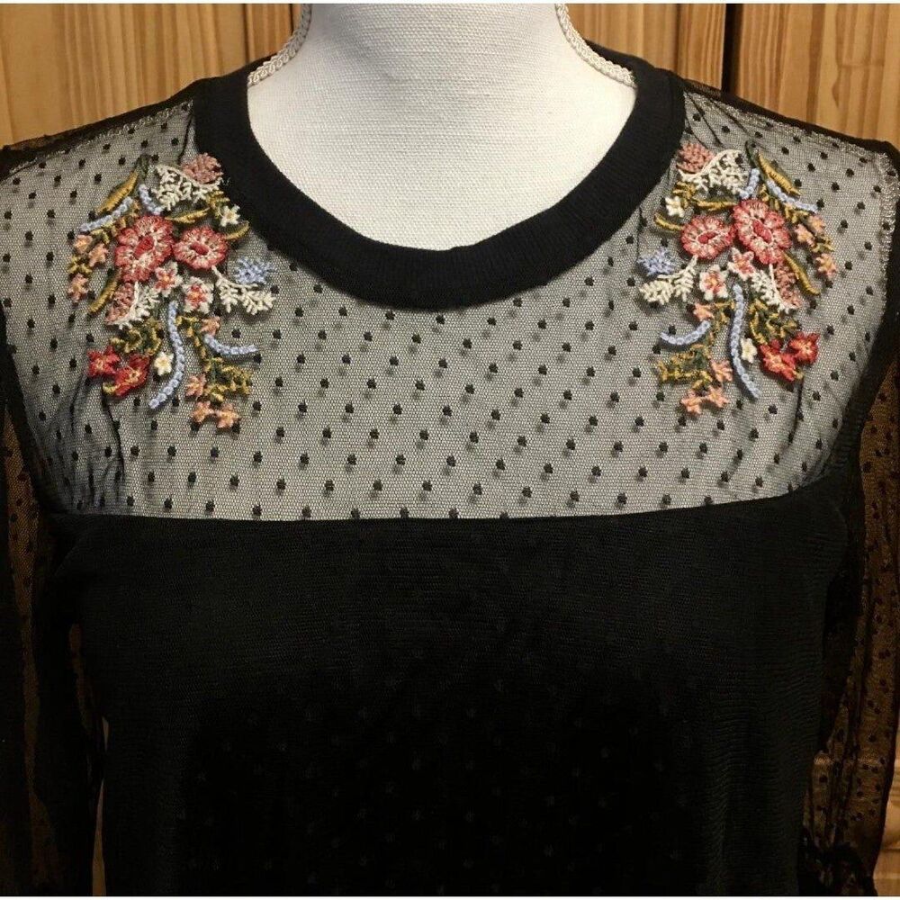 Womens Sz Med Xhilaration Black Sheer Flowered Top Sheer Sleeves Stretchy Lined - Picture 2 of 7